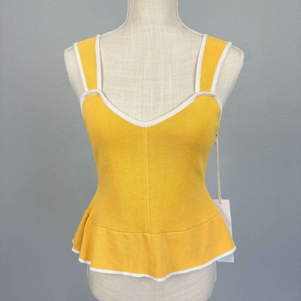 Lumiere Wide Strap Knit Peplum Hem Top S Twee Preppy Yellow White
